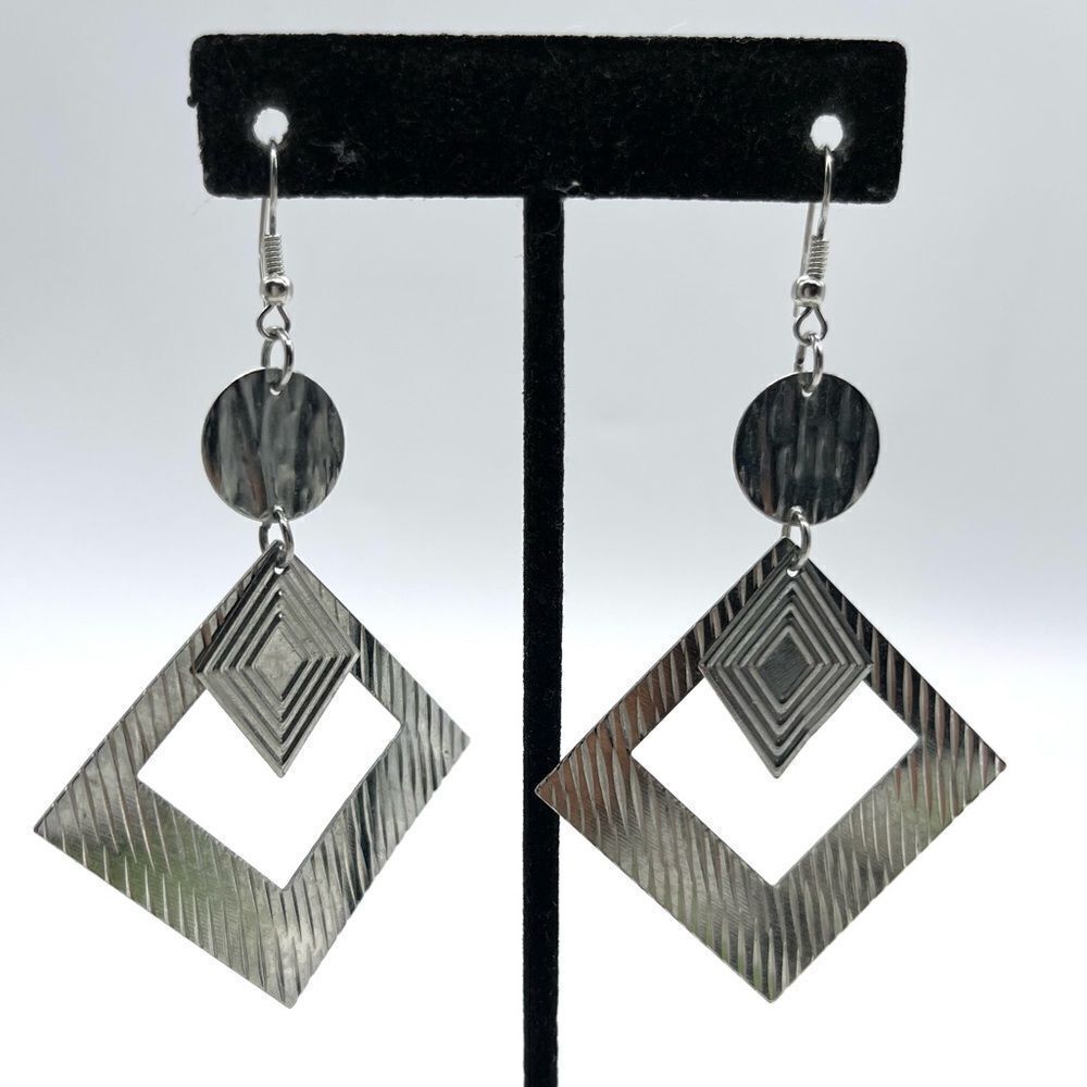 Silver tone Dangle Geometric Earrings 3 inches Length